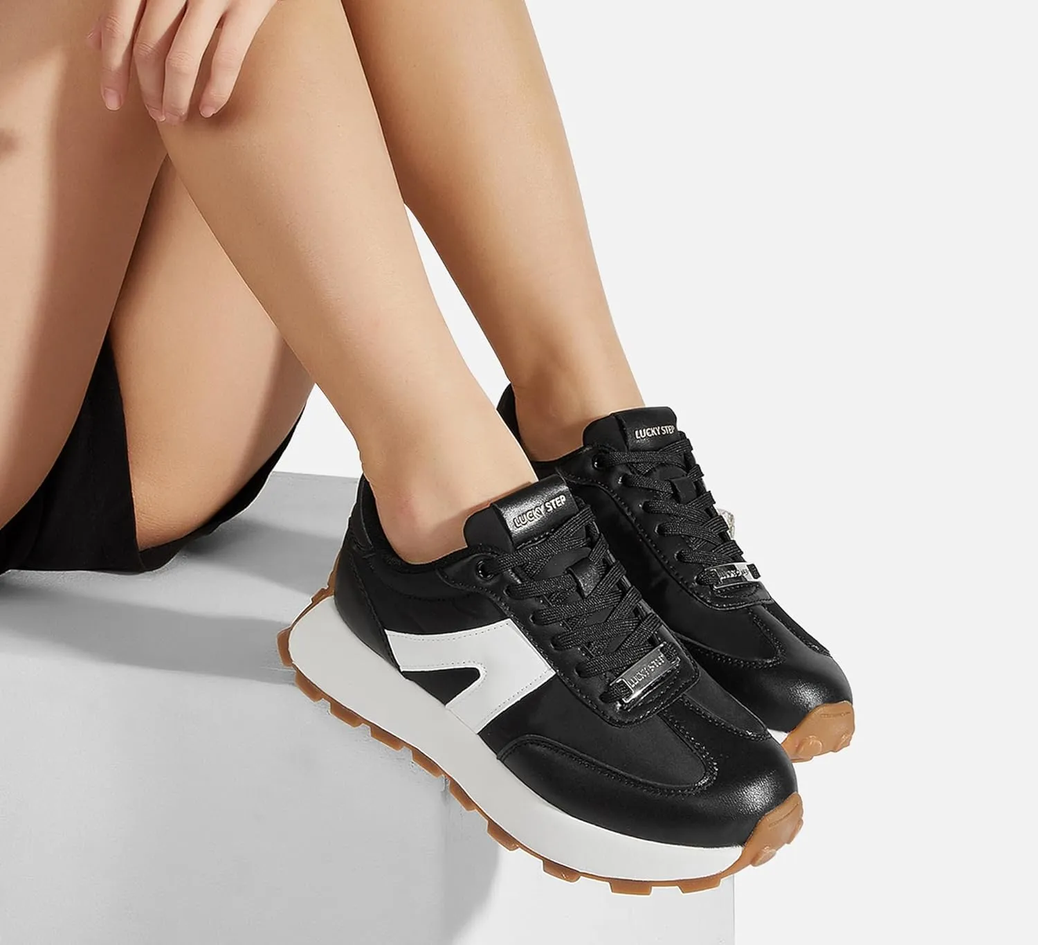 LUCKY STEP Women's Platform Fashion Sneakers Retro Classic Trainers Casual Lace-up Stylish Tennis Running Walking Shoes