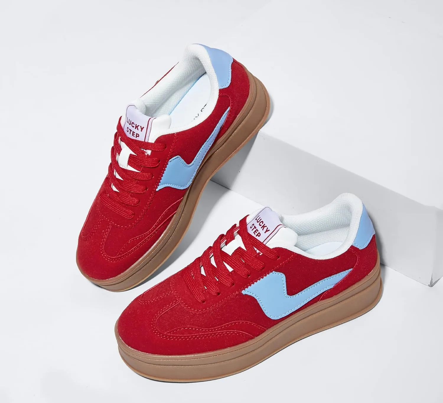 LUCKY STEP Women's Platform Fashion Sneakers Thick Sole Suede Genuine Leather Classic Rubber Gum Sole Low Top Casual Walking Shoes