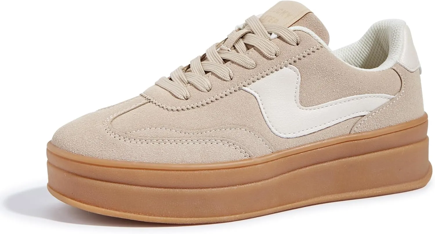 LUCKY STEP Women's Platform Fashion Sneakers Thick Sole Suede Genuine Leather Classic Rubber Gum Sole Low Top Casual Walking Shoes