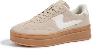 LUCKY STEP Women's Platform Fashion Sneakers Thick Sole Suede Genuine Leather Classic Rubber Gum Sole Low Top Casual Walking Shoes