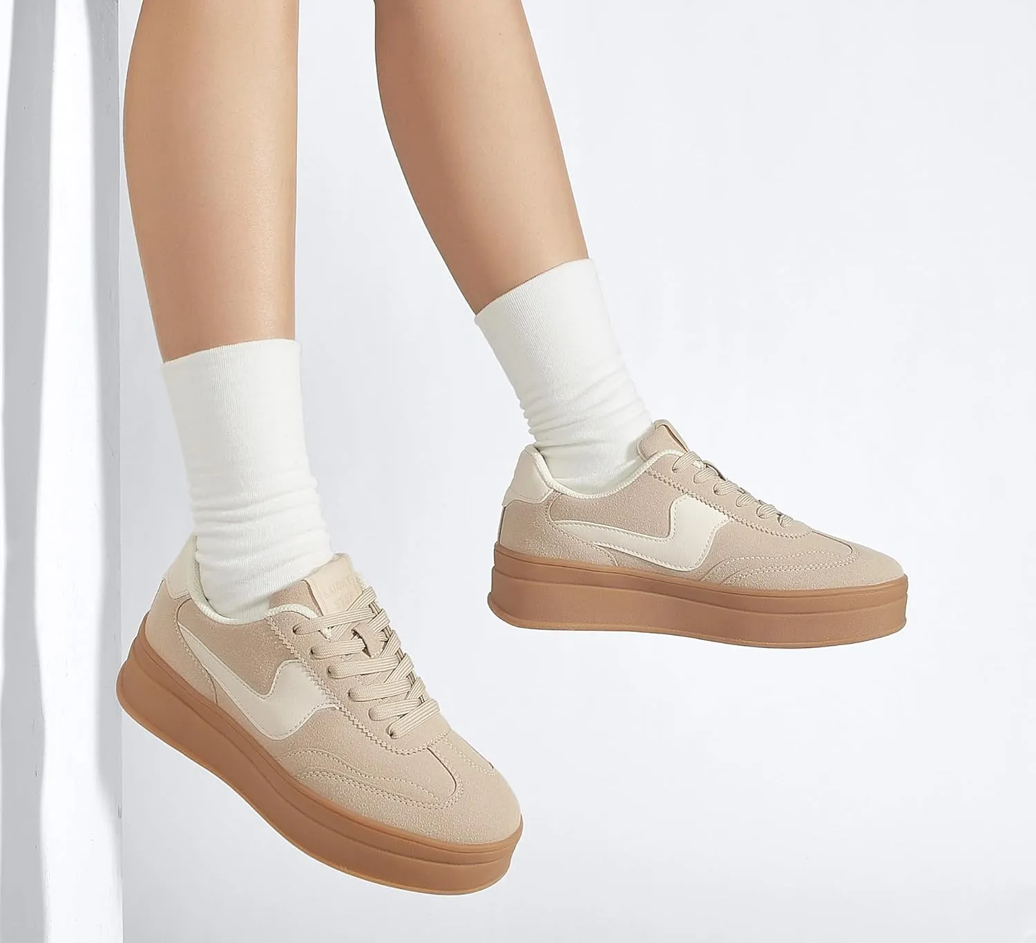 LUCKY STEP Women's Platform Fashion Sneakers Thick Sole Suede Genuine Leather Classic Rubber Gum Sole Low Top Casual Walking Shoes