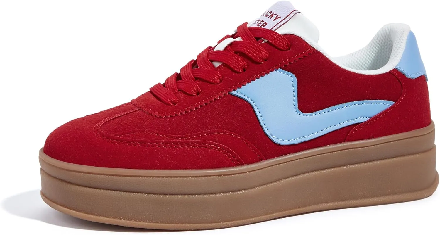 LUCKY STEP Women's Platform Fashion Sneakers Thick Sole Suede Genuine Leather Classic Rubber Gum Sole Low Top Casual Walking Shoes