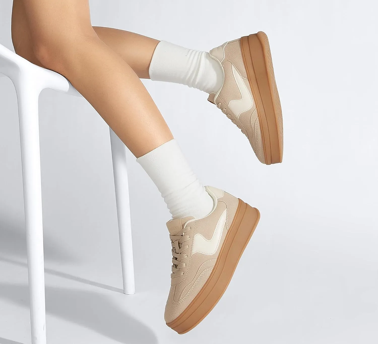 LUCKY STEP Women's Platform Fashion Sneakers Thick Sole Suede Genuine Leather Classic Rubber Gum Sole Low Top Casual Walking Shoes