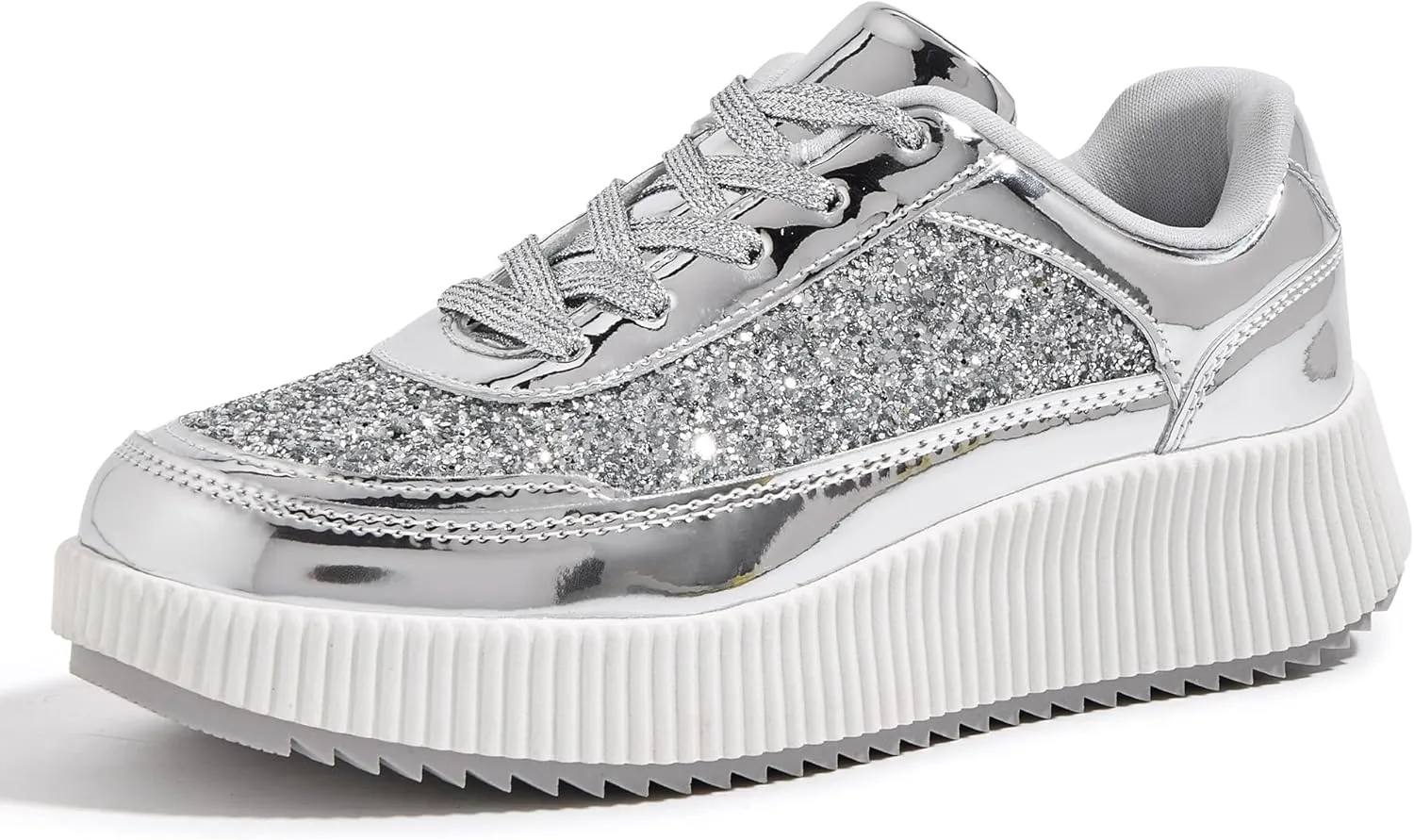 LUCKY STEP Women's Platform Sneakers Rhinestone Fashion Chunky Casual Sparkly Retro Braided Walking Shoes