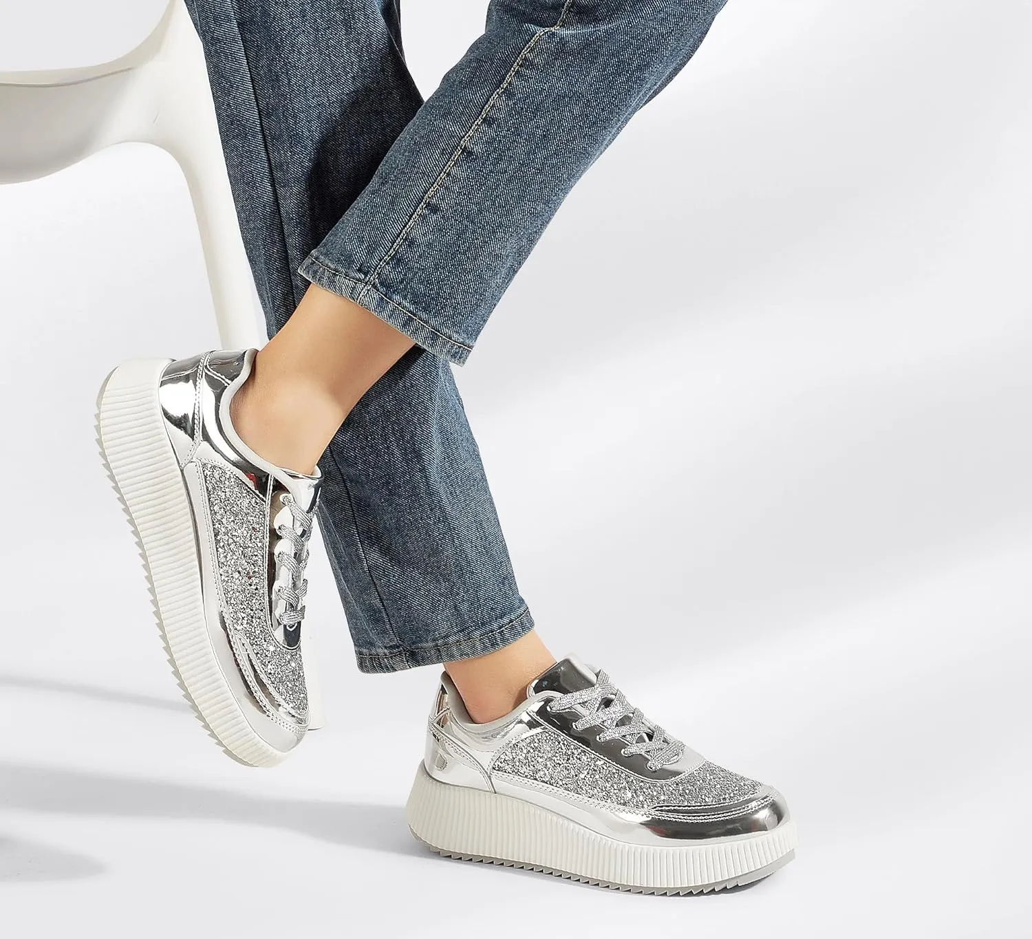 LUCKY STEP Women's Platform Sneakers Rhinestone Fashion Chunky Casual Sparkly Retro Braided Walking Shoes