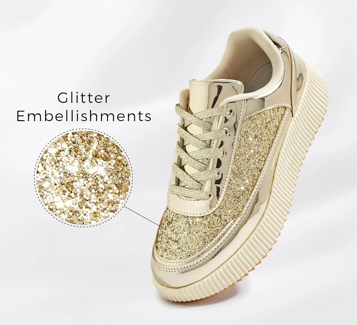 LUCKY STEP Women's Platform Sneakers Rhinestone Fashion Chunky Casual Sparkly Retro Braided Walking Shoes