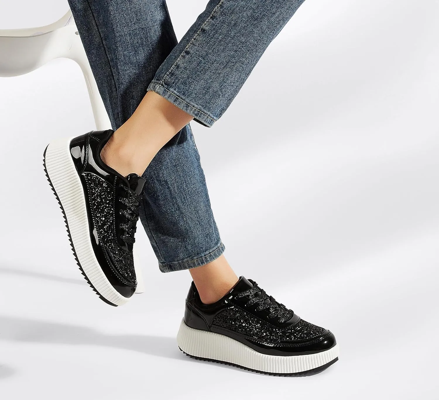 LUCKY STEP Women's Platform Sneakers Rhinestone Fashion Chunky Casual Sparkly Retro Braided Walking Shoes