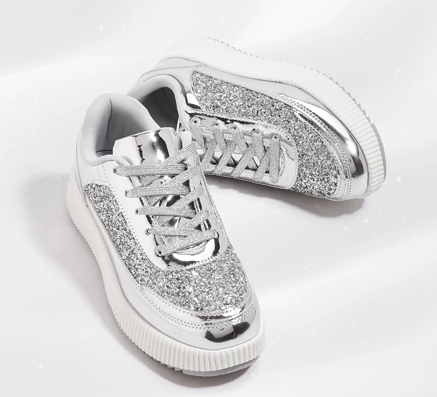 LUCKY STEP Women's Platform Sneakers Rhinestone Fashion Chunky Casual Sparkly Retro Braided Walking Shoes