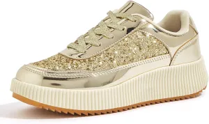 LUCKY STEP Women's Platform Sneakers Rhinestone Fashion Chunky Casual Sparkly Retro Braided Walking Shoes