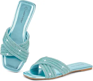 LUCKY STEP Women's Rhinestone Flat Sandals Open Toe Summer Glitter Bling Sparkle Dressy Slip on Outdoor Crossed Strap Slide