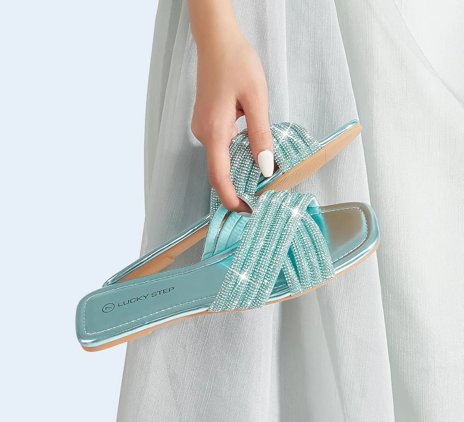 LUCKY STEP Women's Rhinestone Flat Sandals Open Toe Summer Glitter Bling Sparkle Dressy Slip on Outdoor Crossed Strap Slide