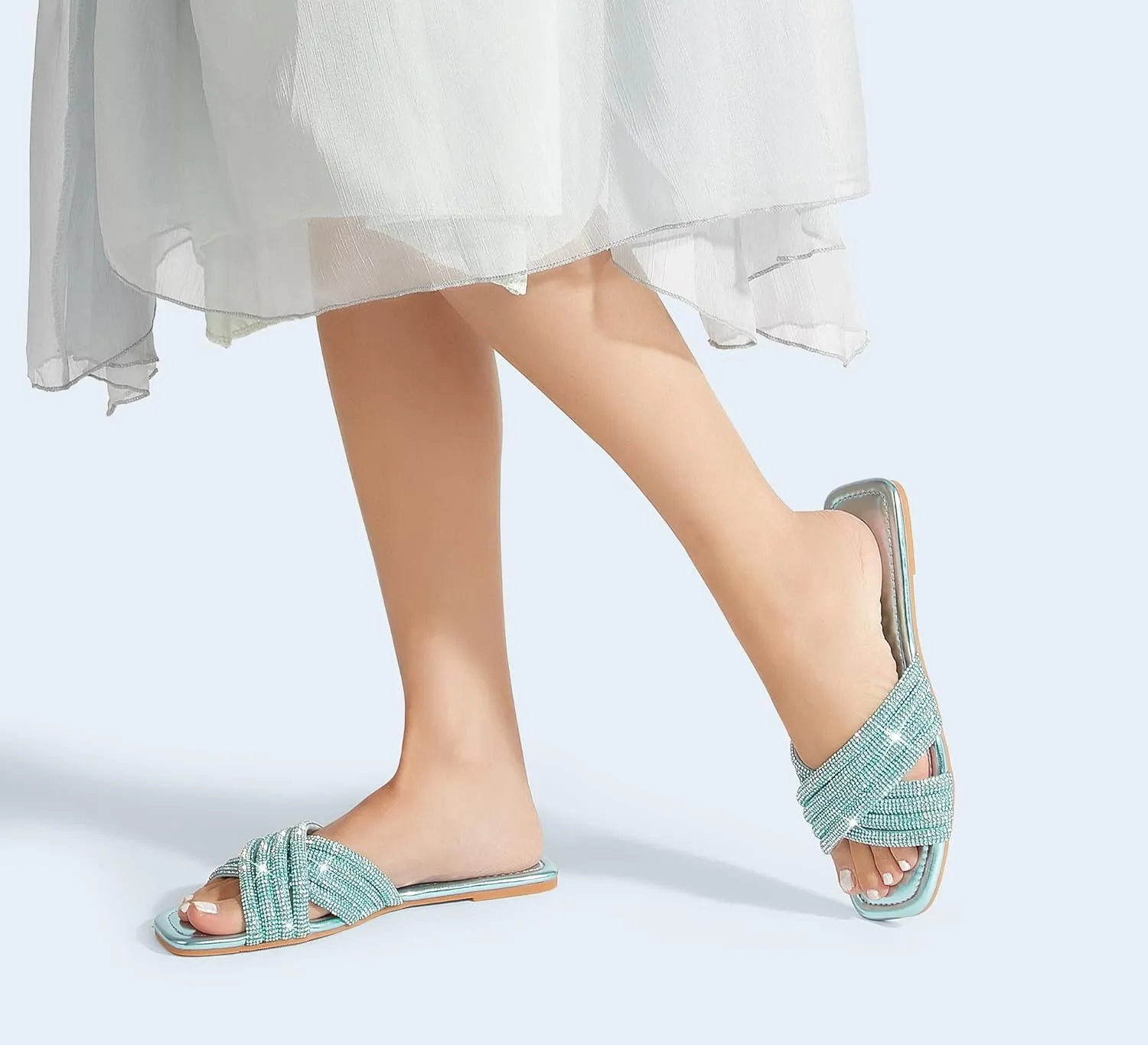 LUCKY STEP Women's Rhinestone Flat Sandals Open Toe Summer Glitter Bling Sparkle Dressy Slip on Outdoor Crossed Strap Slide
