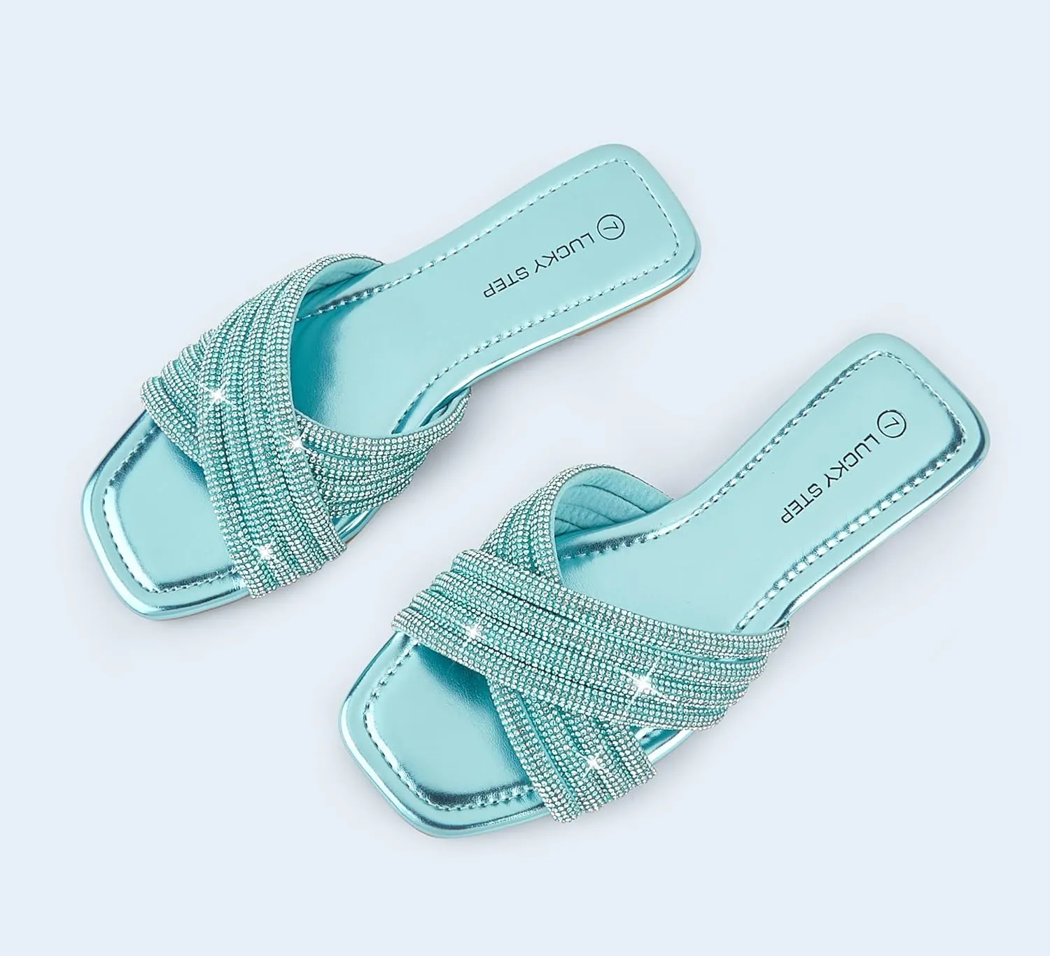LUCKY STEP Women's Rhinestone Flat Sandals Open Toe Summer Glitter Bling Sparkle Dressy Slip on Outdoor Crossed Strap Slide