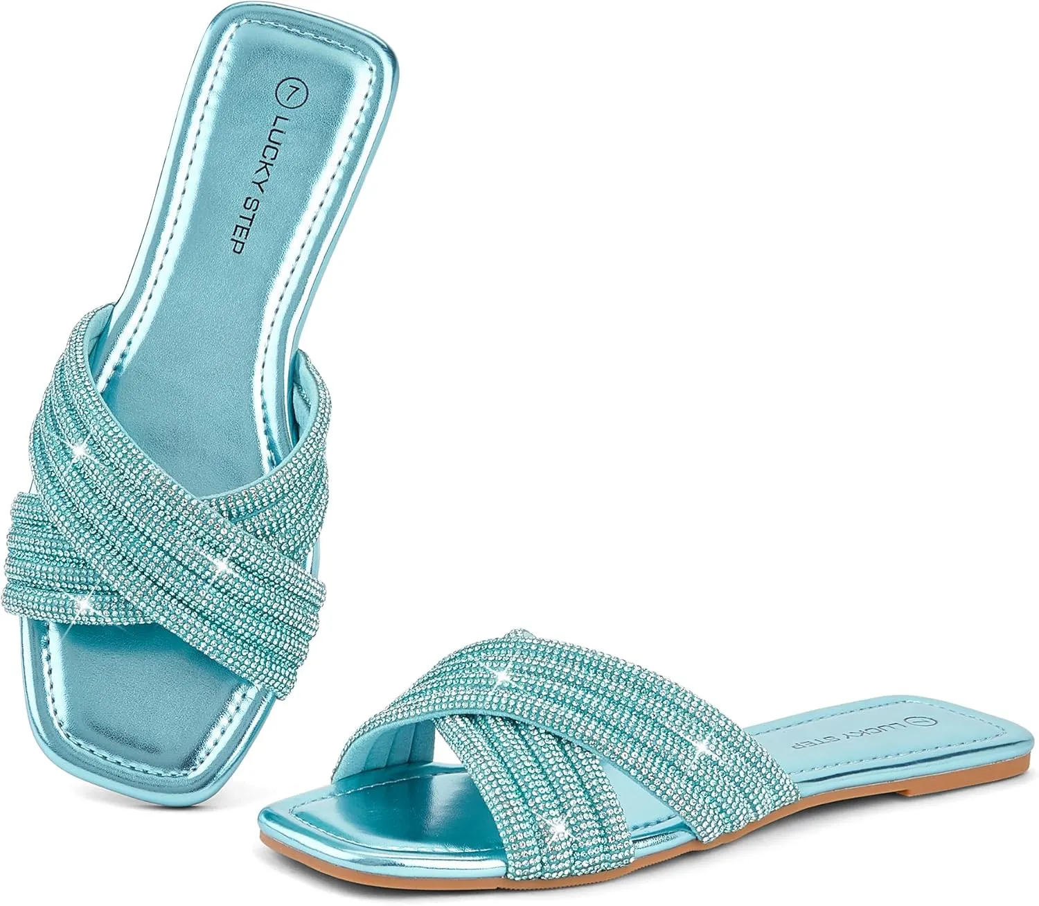 LUCKY STEP Women's Rhinestone Flat Sandals Open Toe Summer Glitter Bling Sparkle Dressy Slip on Outdoor Crossed Strap Slide