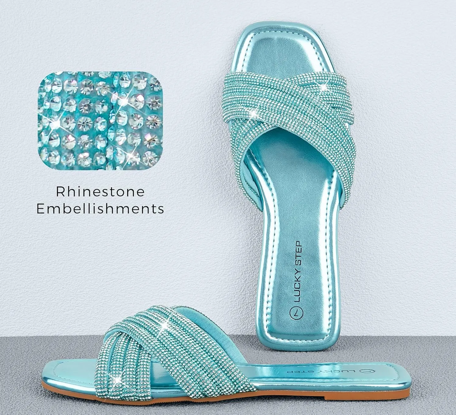 LUCKY STEP Women's Rhinestone Flat Sandals Open Toe Summer Glitter Bling Sparkle Dressy Slip on Outdoor Crossed Strap Slide