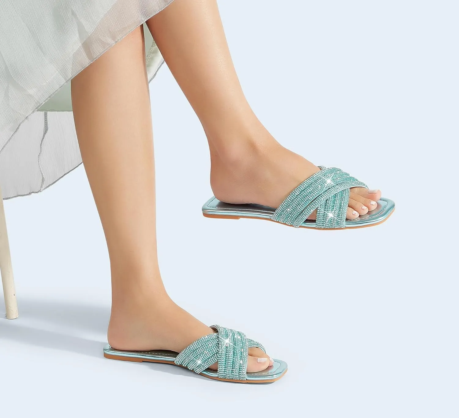 LUCKY STEP Women's Rhinestone Flat Sandals Open Toe Summer Glitter Bling Sparkle Dressy Slip on Outdoor Crossed Strap Slide