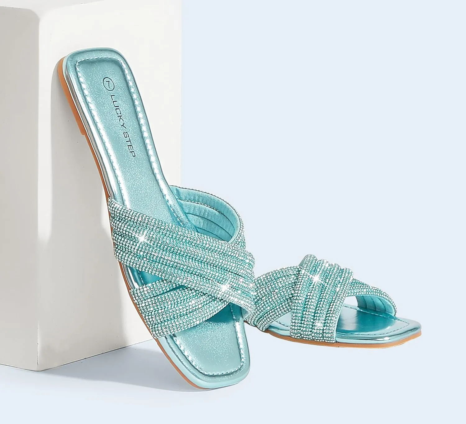 LUCKY STEP Women's Rhinestone Flat Sandals Open Toe Summer Glitter Bling Sparkle Dressy Slip on Outdoor Crossed Strap Slide