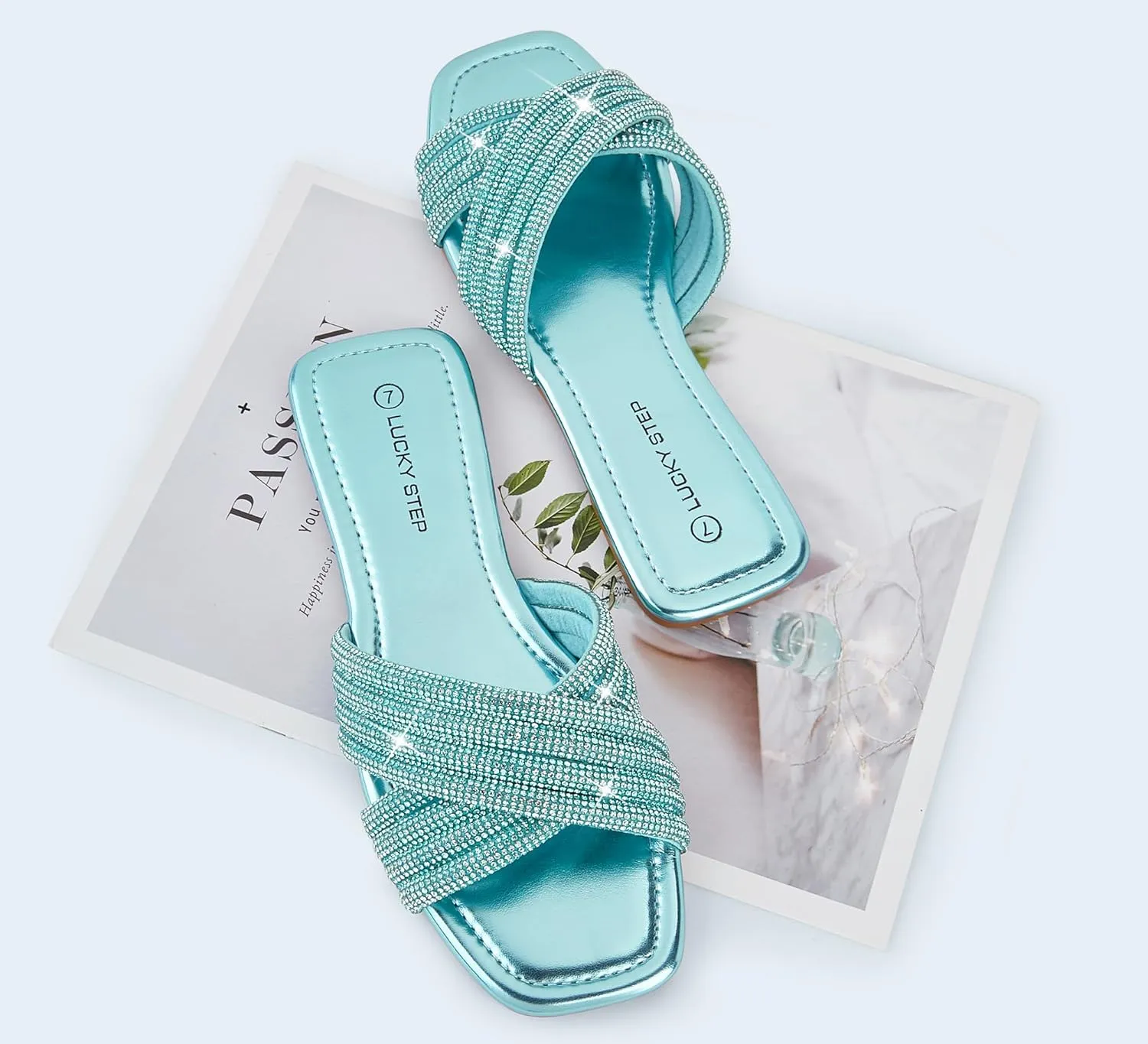 LUCKY STEP Women's Rhinestone Flat Sandals Open Toe Summer Glitter Bling Sparkle Dressy Slip on Outdoor Crossed Strap Slide