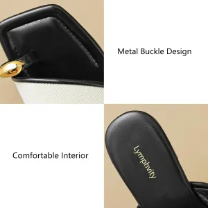 Lymphvity Women's Ring Toe Metal Flat Sandals Summer Slip-on Square Open Toe Non-Slip Beach Flats Slippers