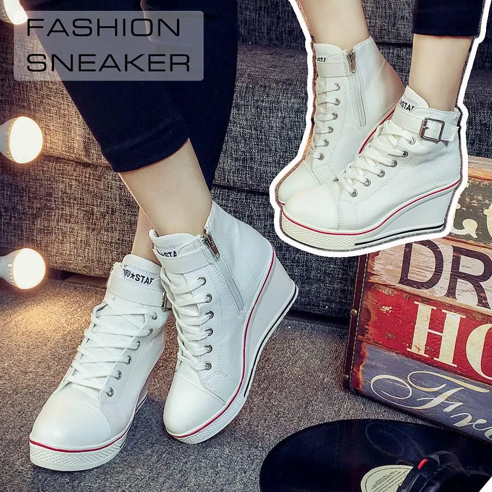 Mei MACLEOD Wedge Heel Sneaker for Women High Heel Sneaker Side Zipper/Lace Up Canvas Shoes for Ladies College Students