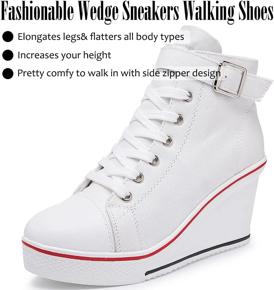 Mei MACLEOD Wedge Heel Sneaker for Women High Heel Sneaker Side Zipper/Lace Up Canvas Shoes for Ladies College Students