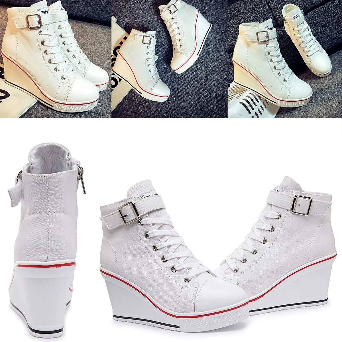Mei MACLEOD Wedge Heel Sneaker for Women High Heel Sneaker Side Zipper/Lace Up Canvas Shoes for Ladies College Students
