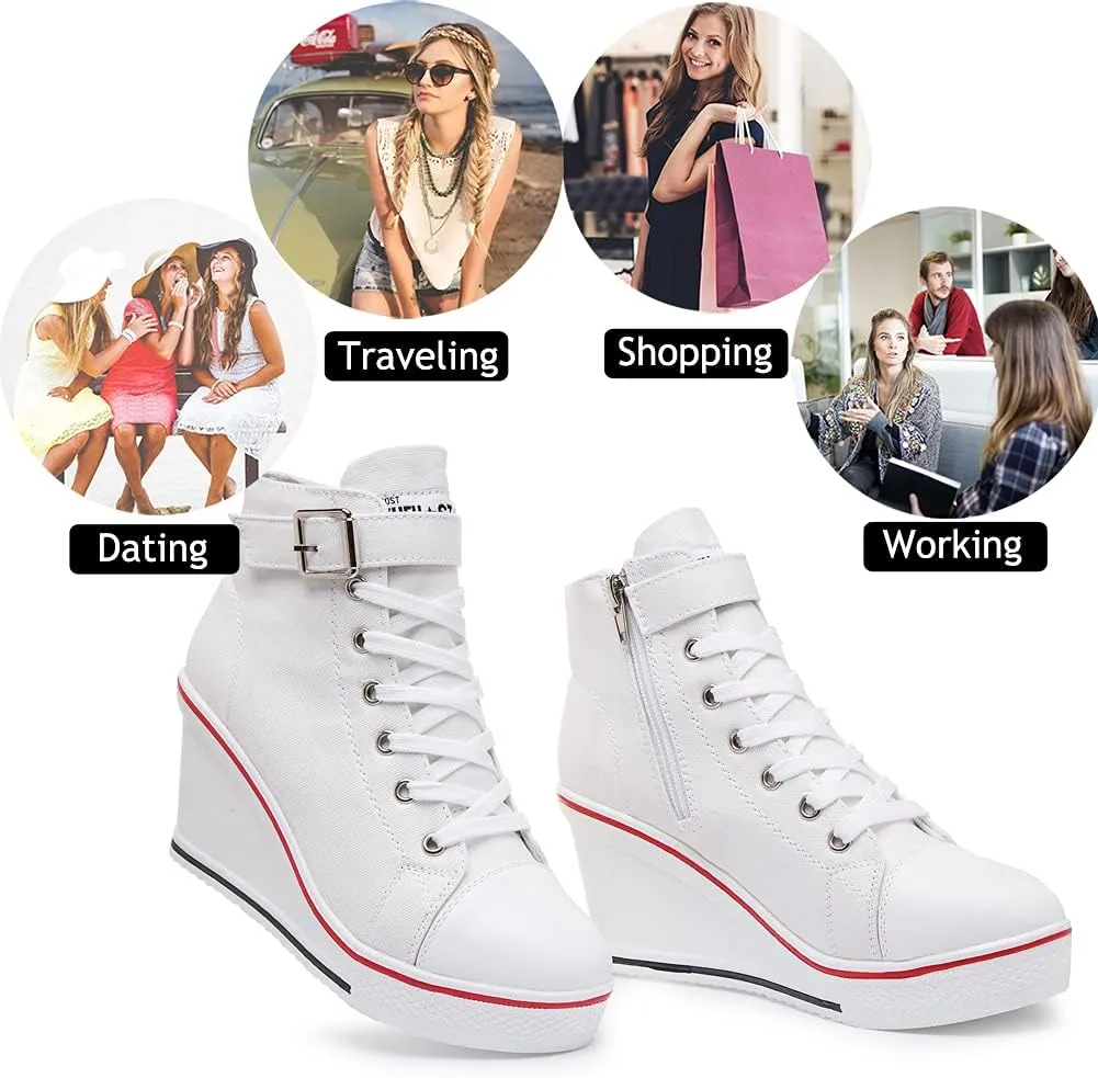 Mei MACLEOD Wedge Heel Sneaker for Women High Heel Sneaker Side Zipper/Lace Up Canvas Shoes for Ladies College Students