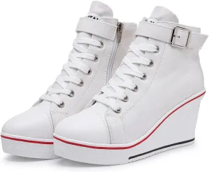 Mei MACLEOD Wedge Heel Sneaker for Women High Heel Sneaker Side Zipper/Lace Up Canvas Shoes for Ladies College Students