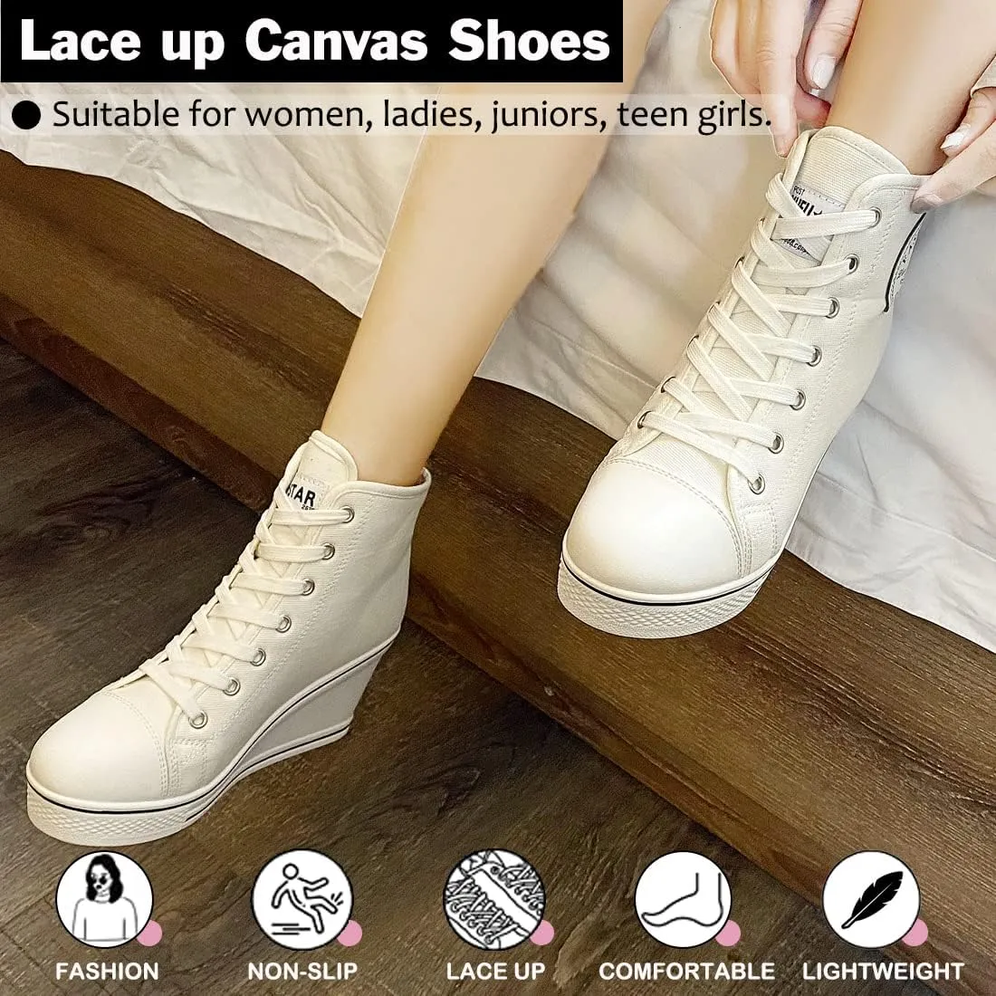 Mei MACLEOD Women's Canvas Shoes High Heel Wedge Sneakers High Top Sneakers Casual Lace Up Shoes for Teen Girls College Student