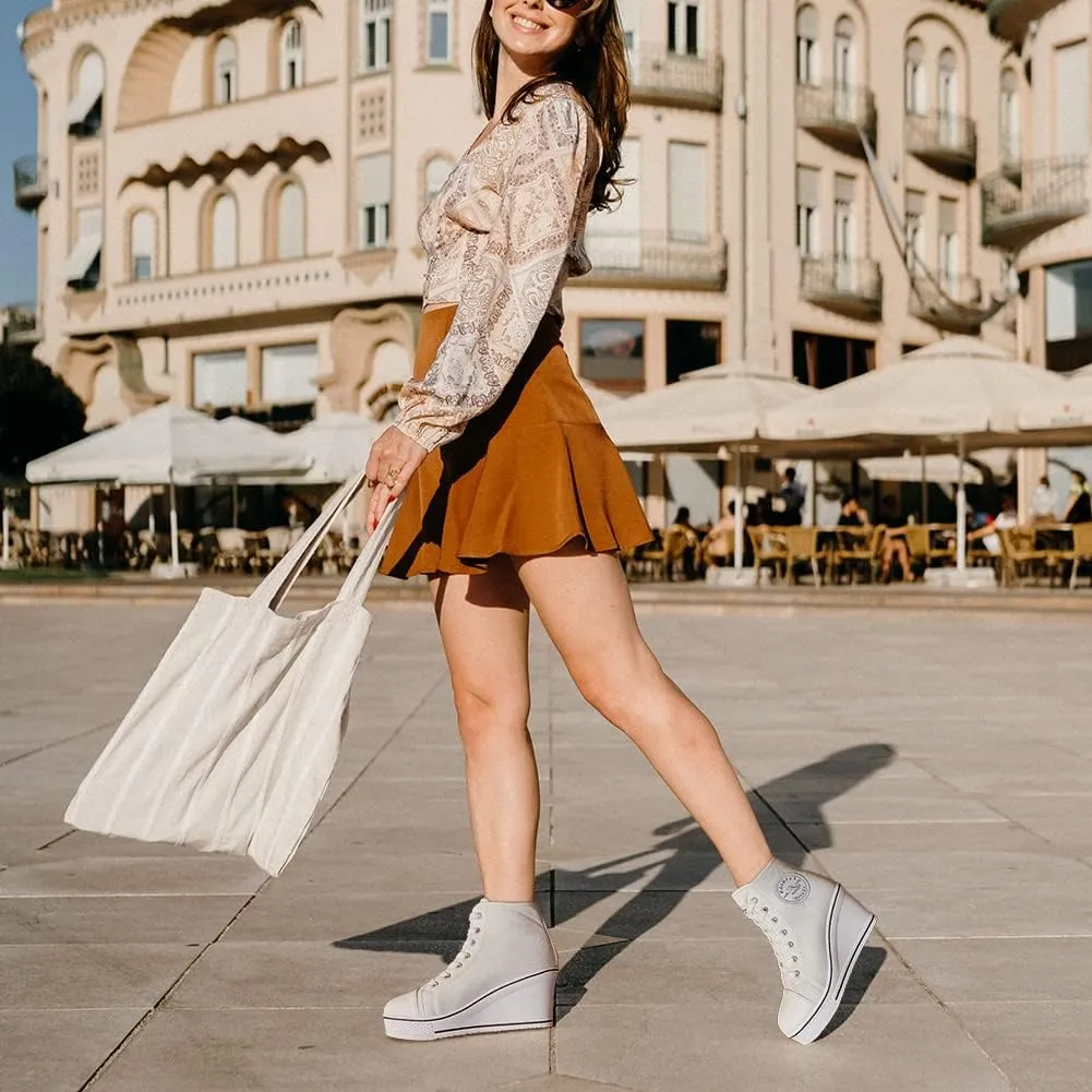 Mei MACLEOD Women's Canvas Shoes High Heel Wedge Sneakers High Top Sneakers Casual Lace Up Shoes for Teen Girls College Student