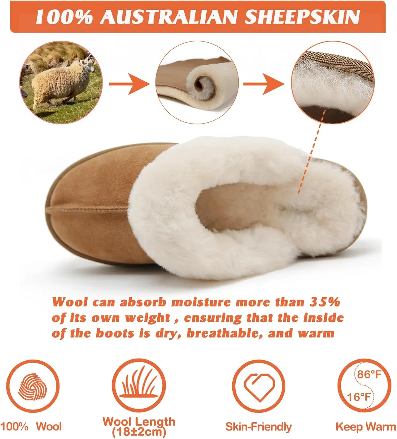 Mel&Syd Women's Australian Shearling Slippers - Wool Slippers with Elastic Strap, Waterproof Suede, Comfortable for Indoor/Outdoor Wear