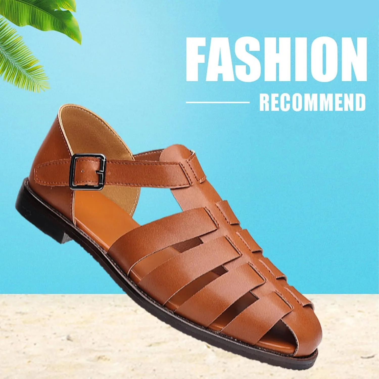 Men's Leather Roman Fisherman Sandals with Adjustable Buckle Closed Toe Summer Beach Non-Slip Comfortable Casual Walking Sandals Daily Slippers Sandals