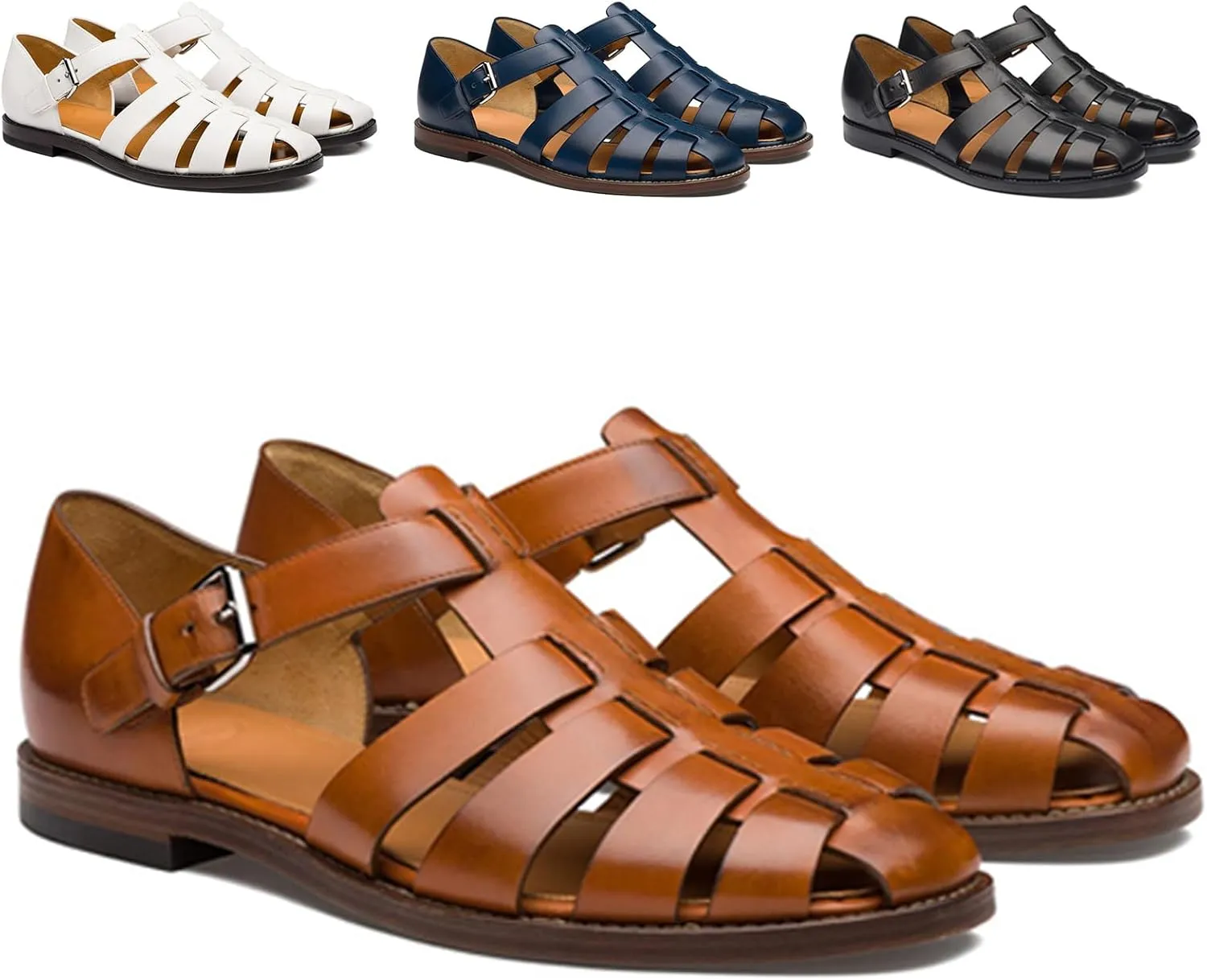 Men's Leather Roman Fisherman Sandals with Adjustable Buckle Closed Toe Summer Beach Non-Slip Comfortable Casual Walking Sandals Daily Slippers Sandals