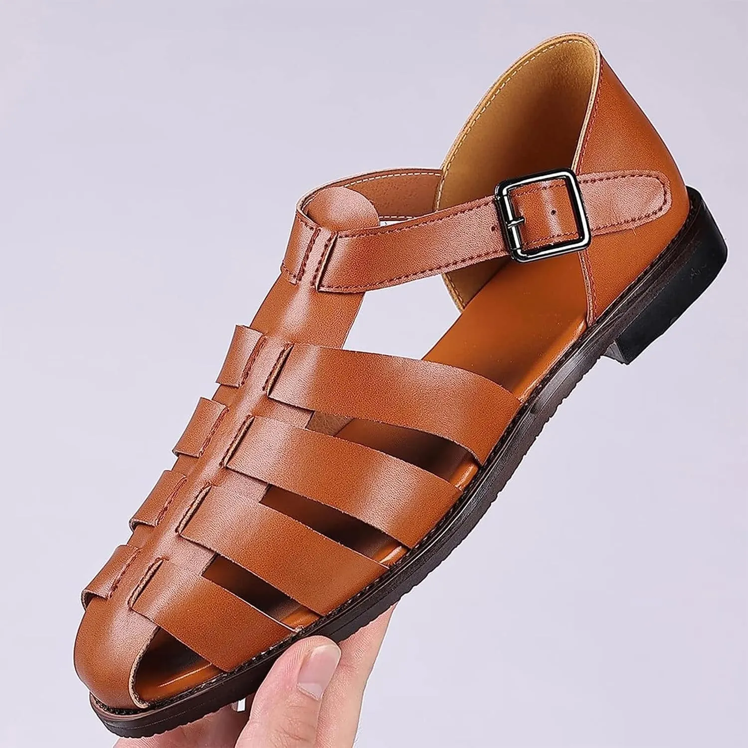 Men's Leather Roman Fisherman Sandals with Adjustable Buckle Closed Toe Summer Beach Non-Slip Comfortable Casual Walking Sandals Daily Slippers Sandals