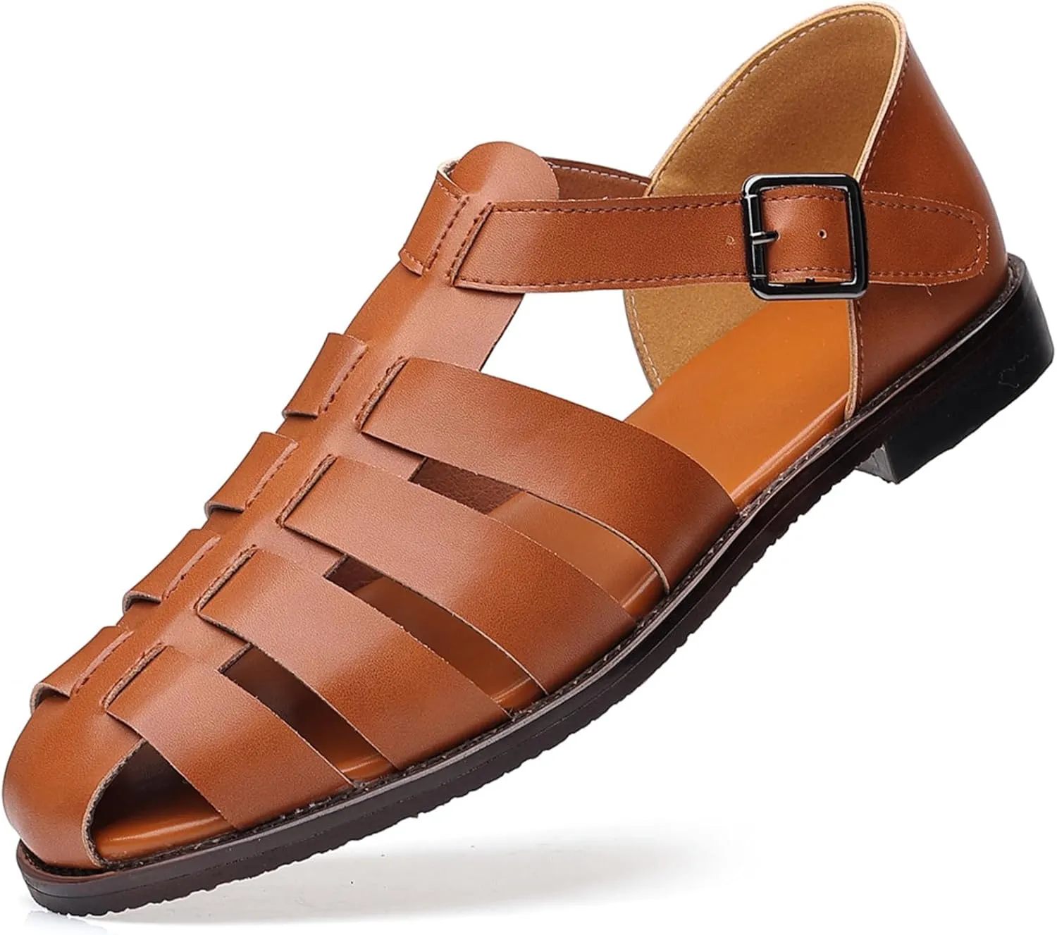 Men's Leather Roman Fisherman Sandals with Adjustable Buckle Closed Toe Summer Beach Non-Slip Comfortable Casual Walking Sandals Daily Slippers Sandals