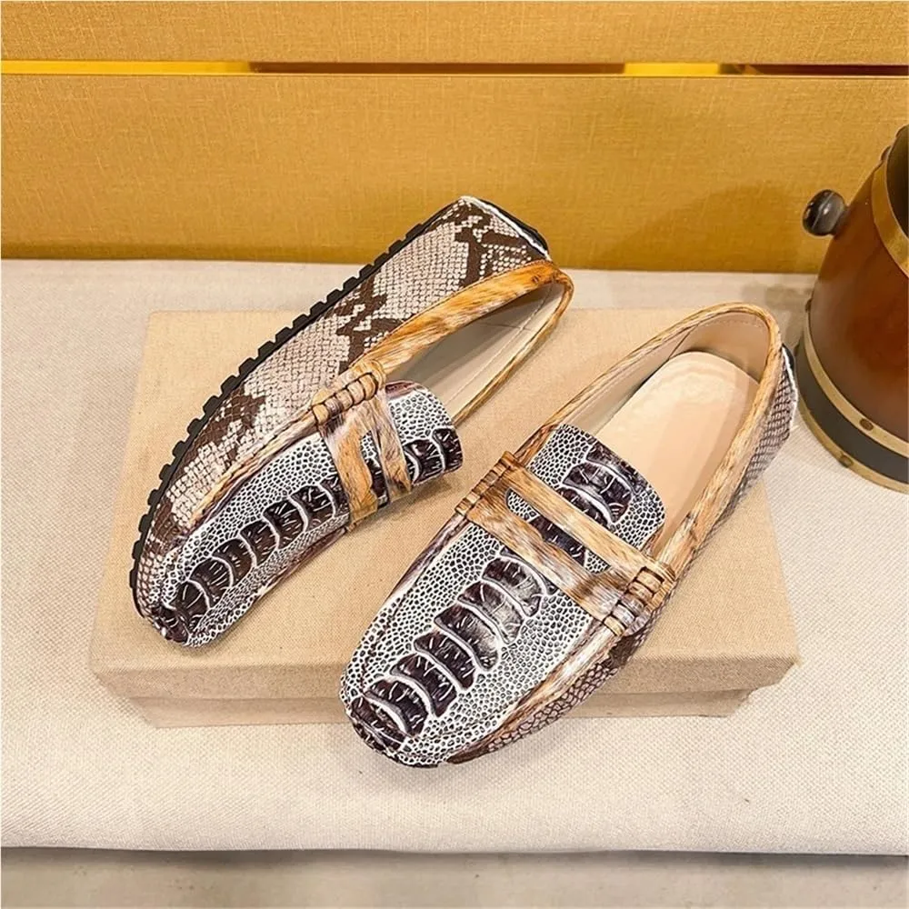Mens Loafers Shoe Genuine Leather Crocodile Embossed Loafers Slip Resistant Flexible Flat Heel Party Prom Slip-on
