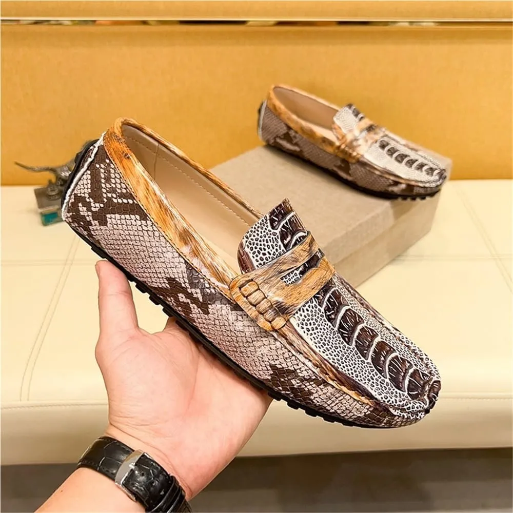 Mens Loafers Shoe Genuine Leather Crocodile Embossed Loafers Slip Resistant Flexible Flat Heel Party Prom Slip-on