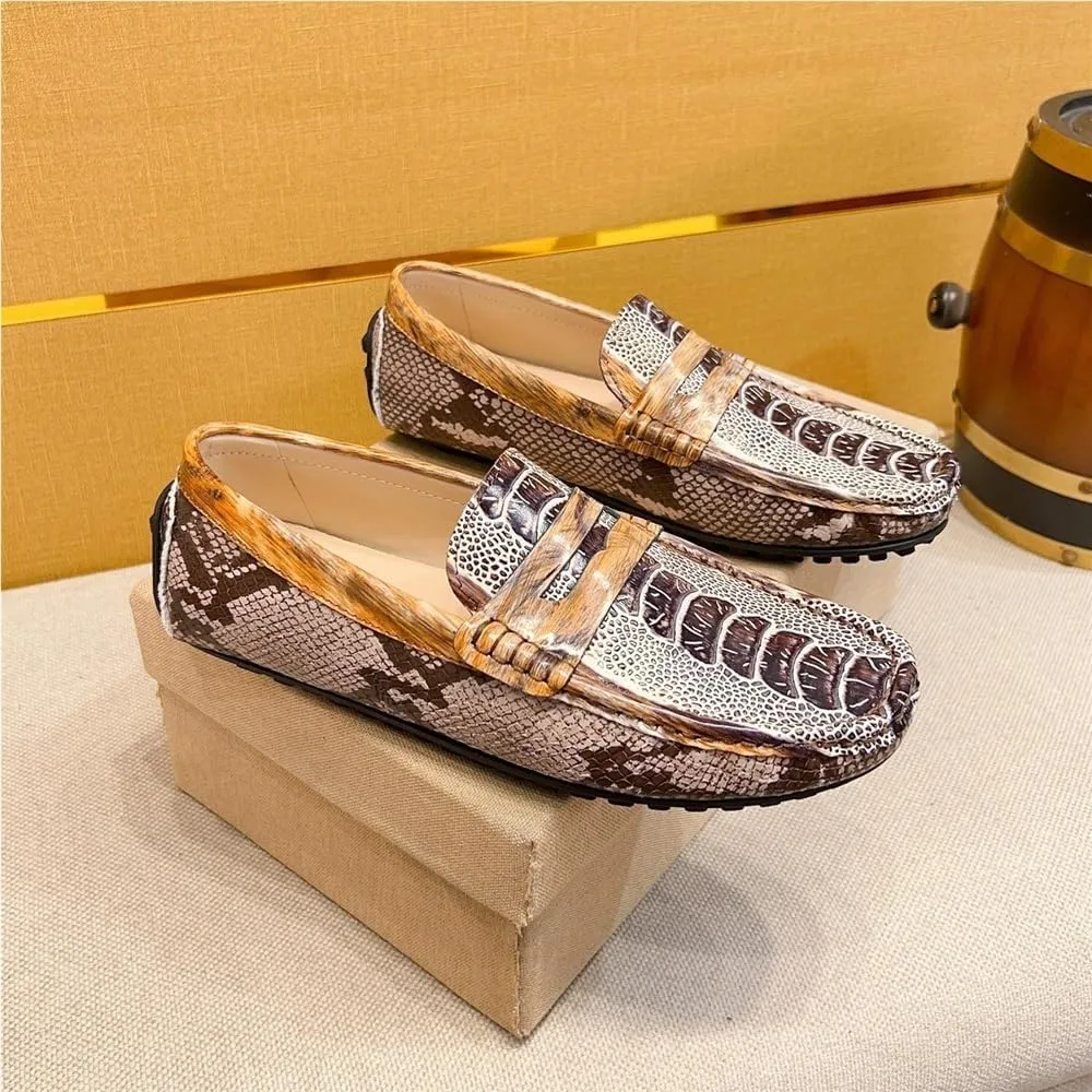 Mens Loafers Shoe Genuine Leather Crocodile Embossed Loafers Slip Resistant Flexible Flat Heel Party Prom Slip-on