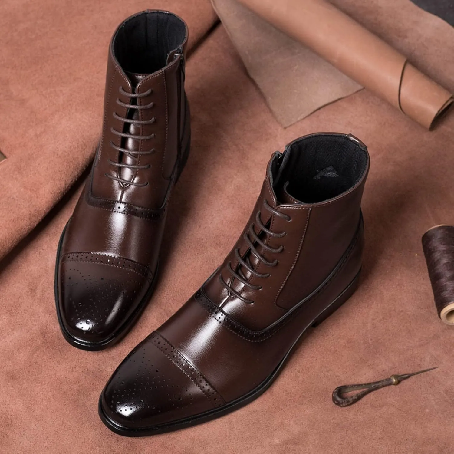 Mens Shoes Classic Business Leather Shoes Fashion Casual High Top Lace Up Side Zipper Mens Shoes Memory Foam Leather Shoes fo