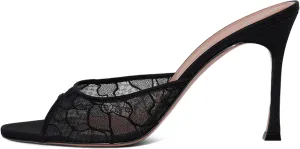Mesh Heels Mules for Women Peep Open Toe Backless Stiletto Heel Sandals Party Dress Slip-on Lace Heeled Mule