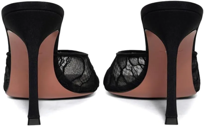 Mesh Heels Mules for Women Peep Open Toe Backless Stiletto Heel Sandals Party Dress Slip-on Lace Heeled Mule