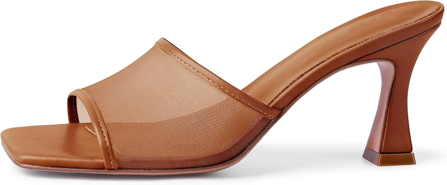 Mesh Mule Heels for Women Kitten Heel Sandals Open Square Toe Heeled Sandals Slip On Mules