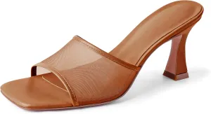 Mesh Mule Heels for Women Kitten Heel Sandals Open Square Toe Heeled Sandals Slip On Mules