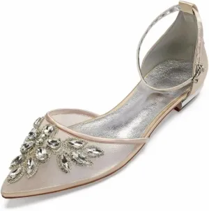 Mesh Rhinestones Wedding Flats for Bride Pointed Toe Formal Party Dress Shoes Flat