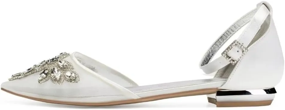 Mesh Rhinestones Wedding Flats for Bride Pointed Toe Formal Party Dress Shoes Flat