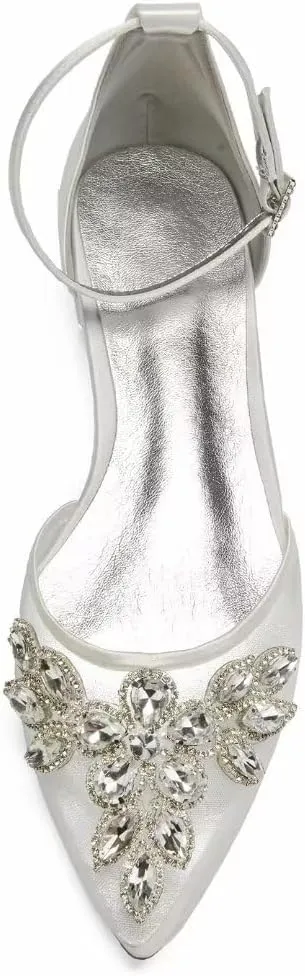 Mesh Rhinestones Wedding Flats for Bride Pointed Toe Formal Party Dress Shoes Flat