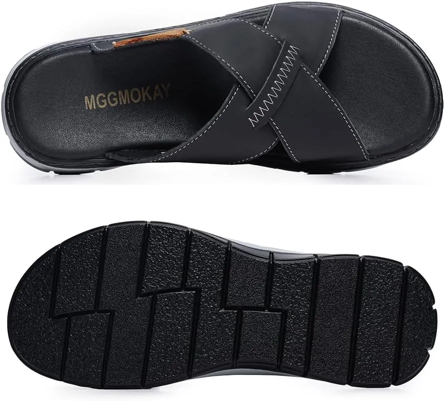 MGGMOKAY Mens Cross Slides Sandals Summer Leather Slipper Anti-Slip Comfortable Sandals