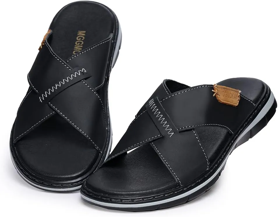 MGGMOKAY Mens Cross Slides Sandals Summer Leather Slipper Anti-Slip Comfortable Sandals