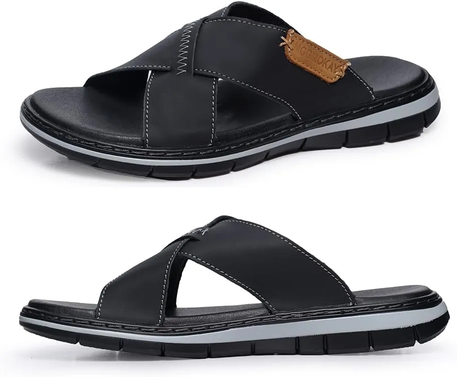 MGGMOKAY Mens Cross Slides Sandals Summer Leather Slipper Anti-Slip Comfortable Sandals