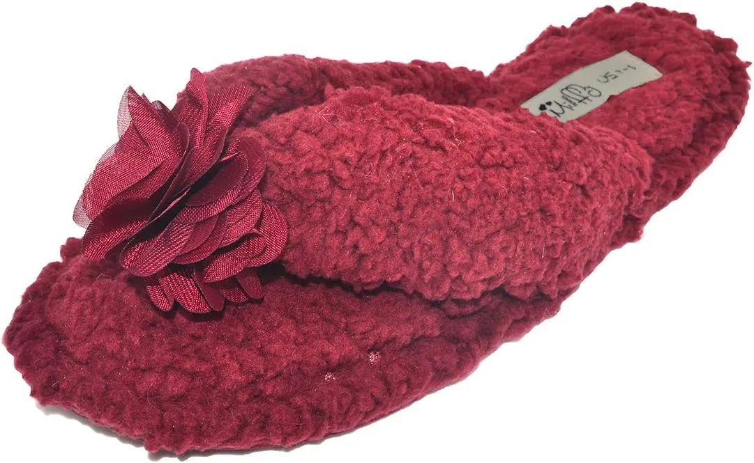 Millffy Plush Cozy Faux Shearling Thong Slide On Sherpa Womens Flip-Flops Slippers with Flowers